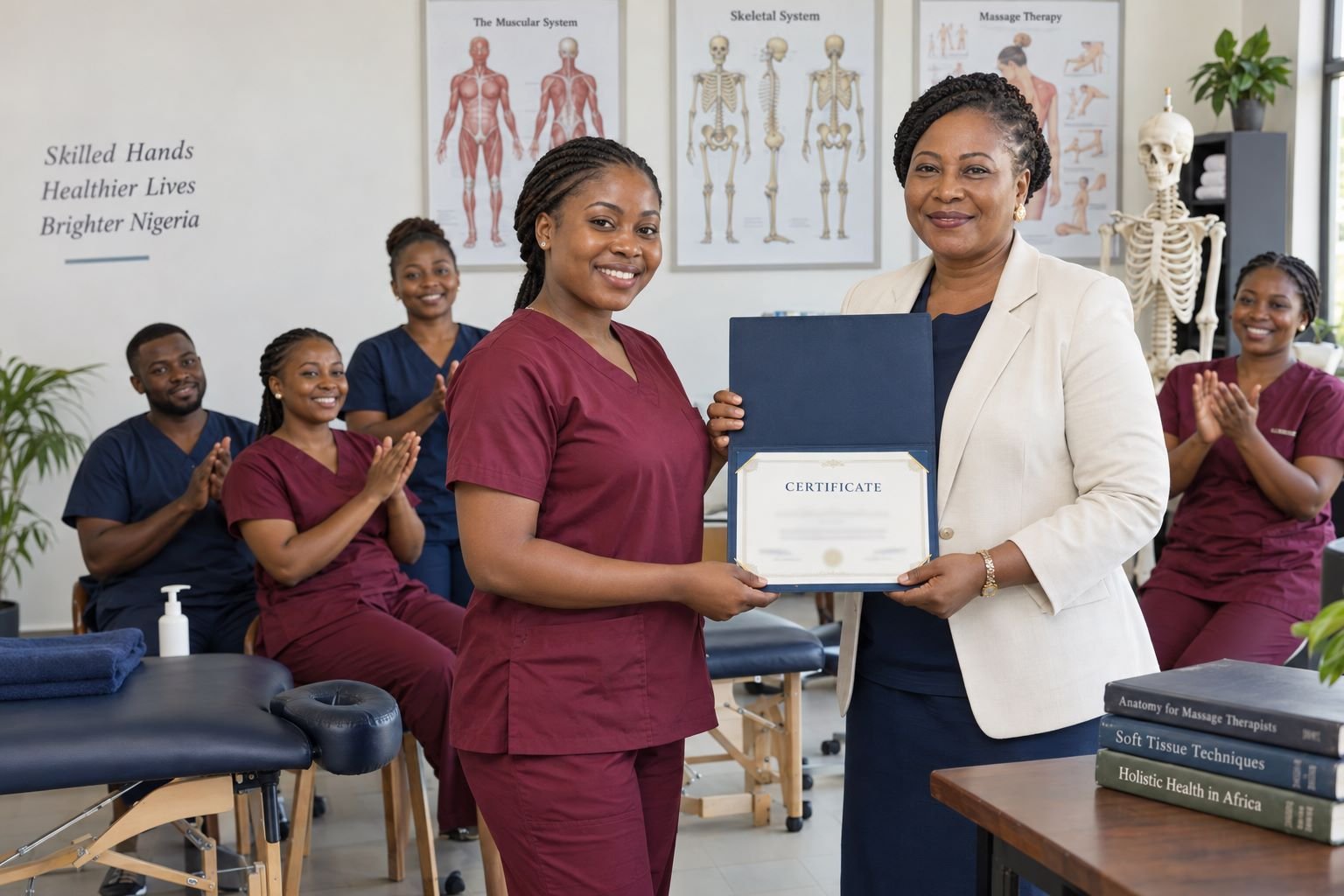 Illustration of a massage therapy student receiving a certificate as classmates applaud